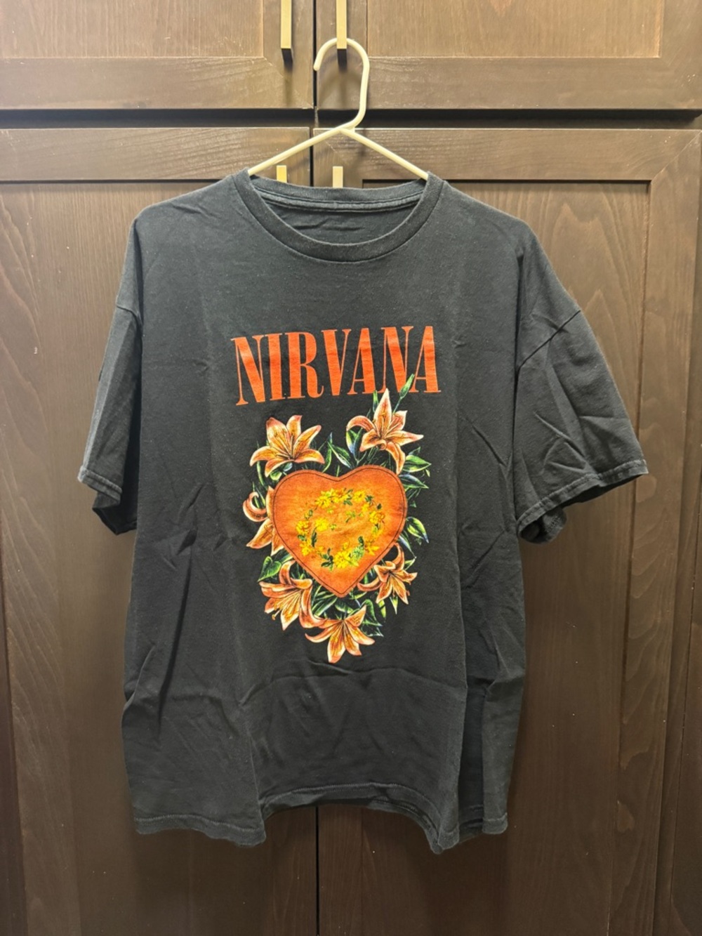 NIRVANA Black Short Sleeve Tee with Orange Heart Floral Graphic